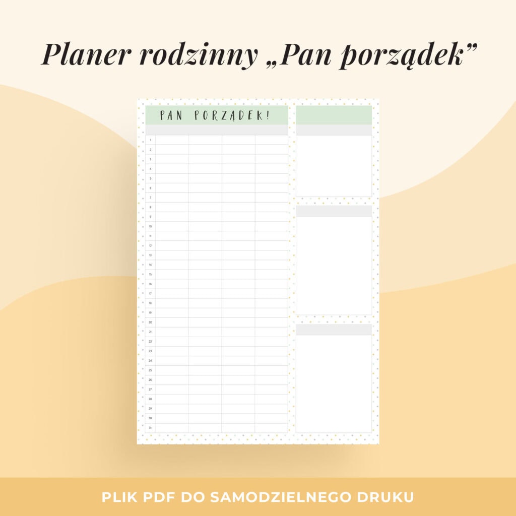Miesięczny planer rodzinny do druku “Pan Porządek”
