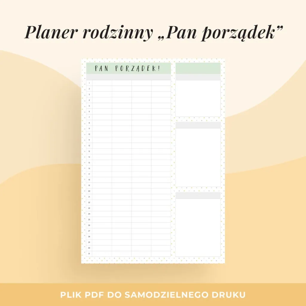 Miesięczny planer rodzinny do druku “Pan Porządek”