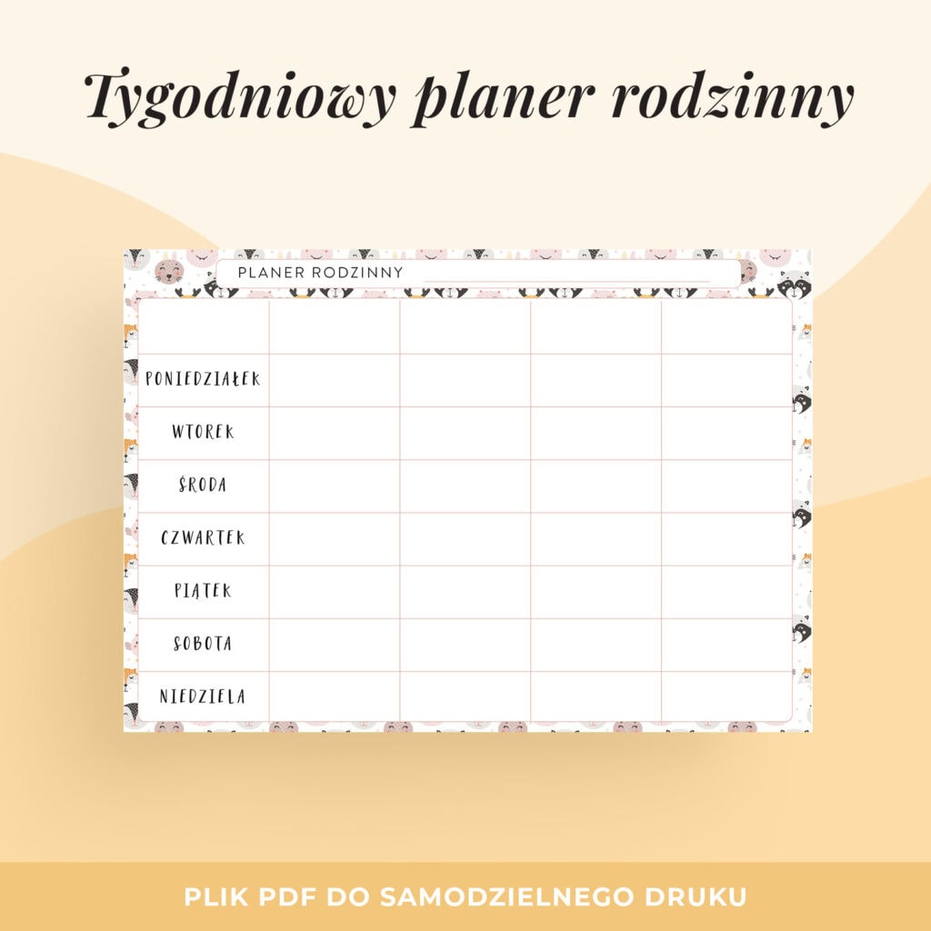 Tygodniowy planer rodzinny do druku “Zwierzątka”