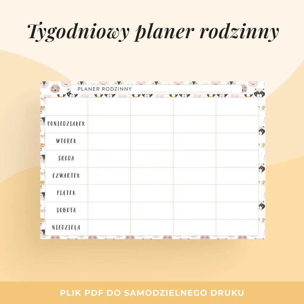 Tygodniowy planer rodzinny do druku “Zwierzątka”