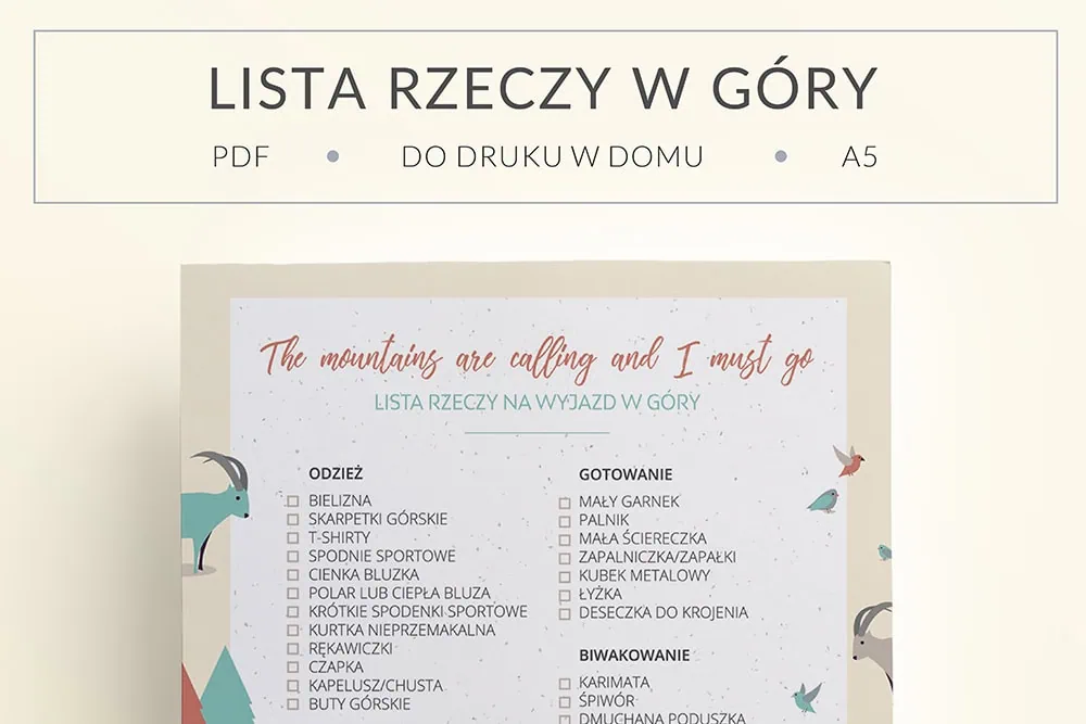 Lista rzeczy "co zabrać w góry?" do druku | Format A5