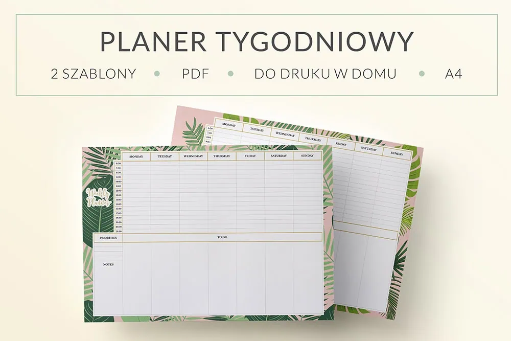 Planer z agendą dnia "Liście tropikalne" do druku | Format A4