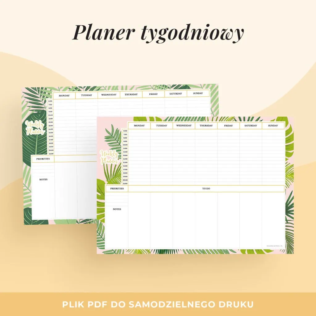 Planer z agendą dnia “Liście tropikalne” do druku | Format A4
