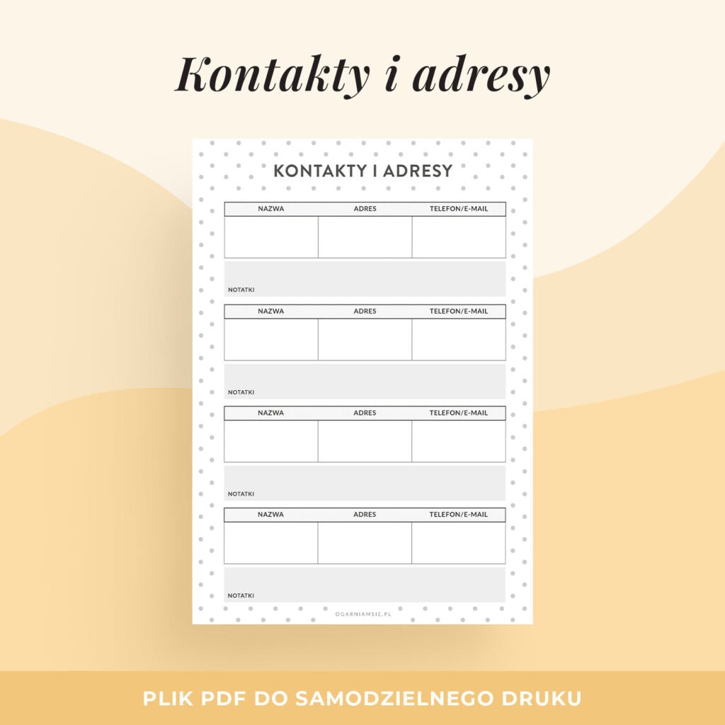 Kontakty i adresy – planer do druku | Format A5