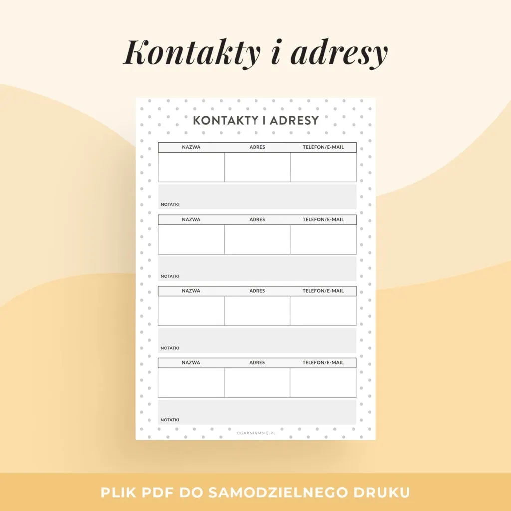 Kontakty i adresy – planer do druku | Format A5