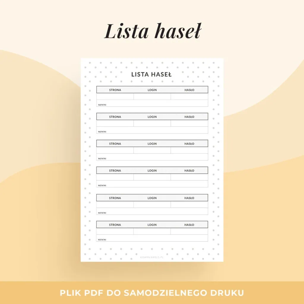 Lista haseł – planer do druku | Format A5