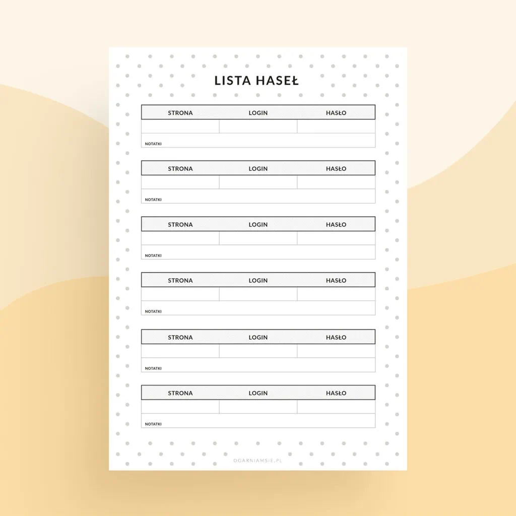 Lista haseł – planer do druku | Format A5 (2)