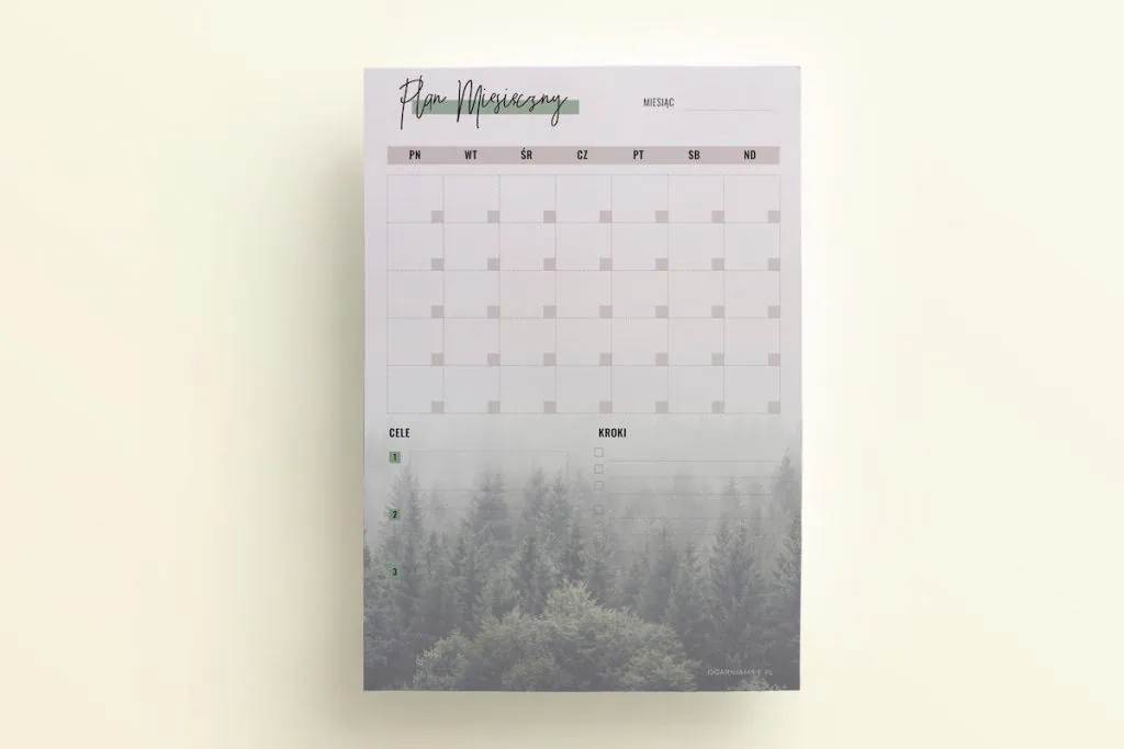 Planer Miesieczny Las, szablon - mockup