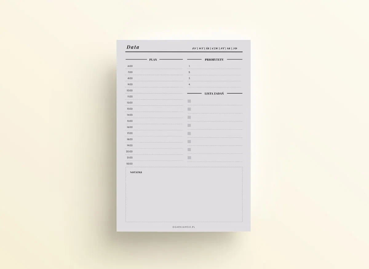 Planer dzienny w poziomie bez dat