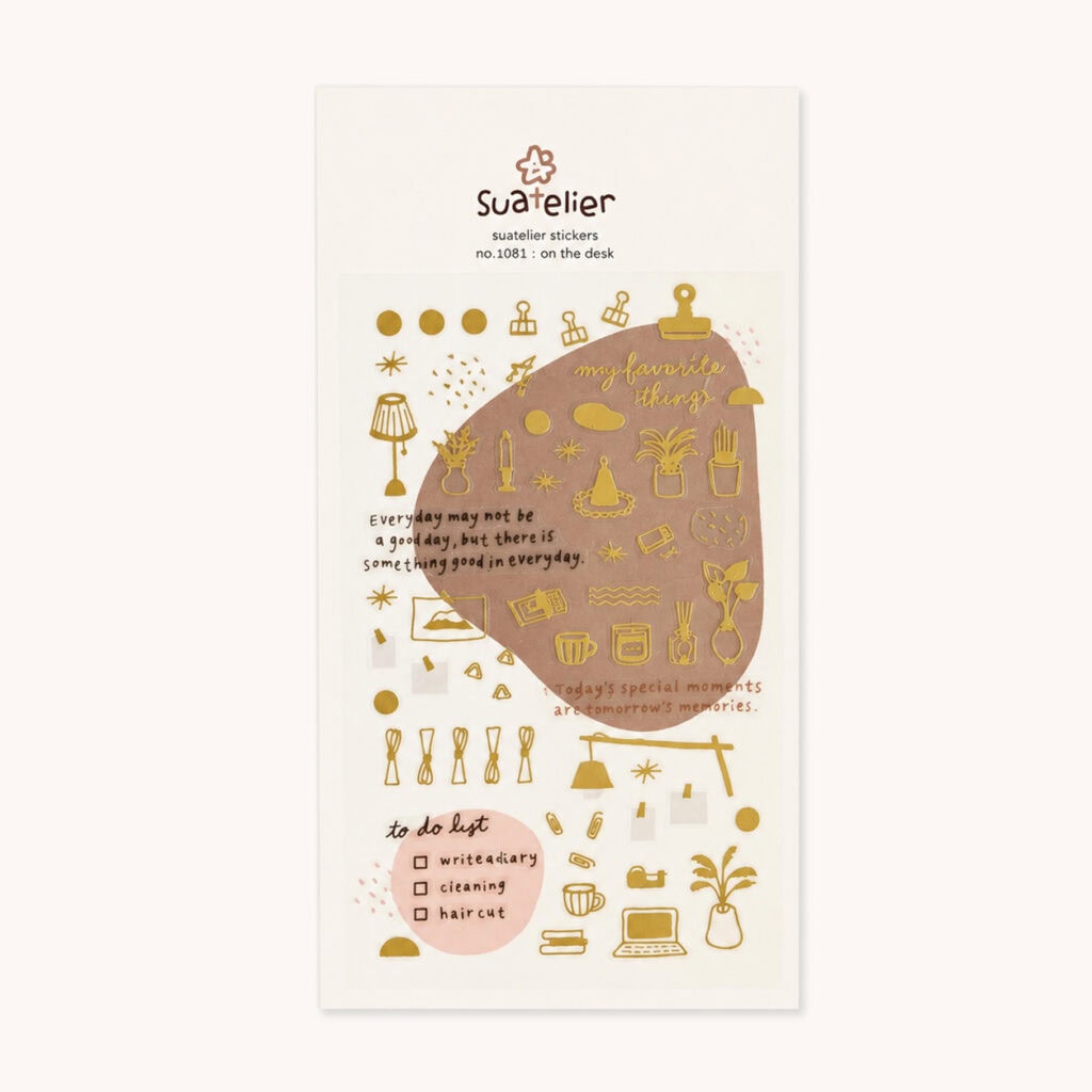 Złote ozdobne naklejki do planera lub bullet journal "Na biurku"