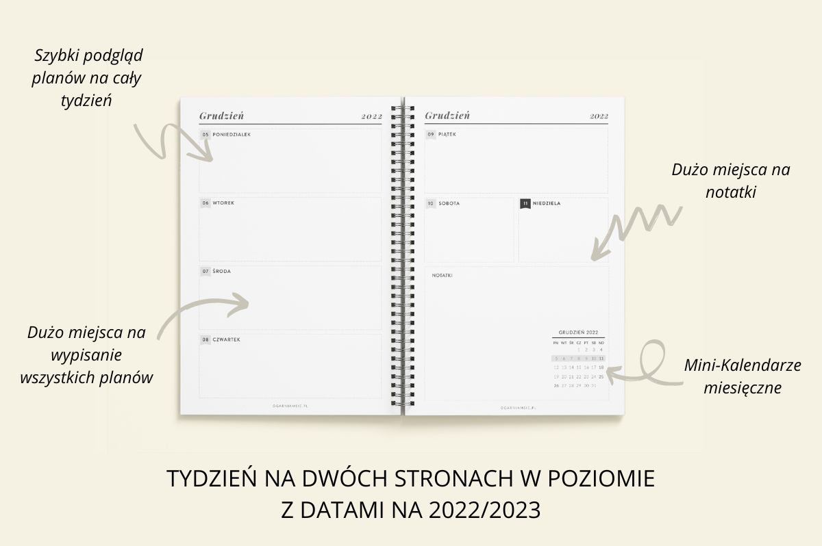 Tydzień na dwóch stronach z datami w poziomie