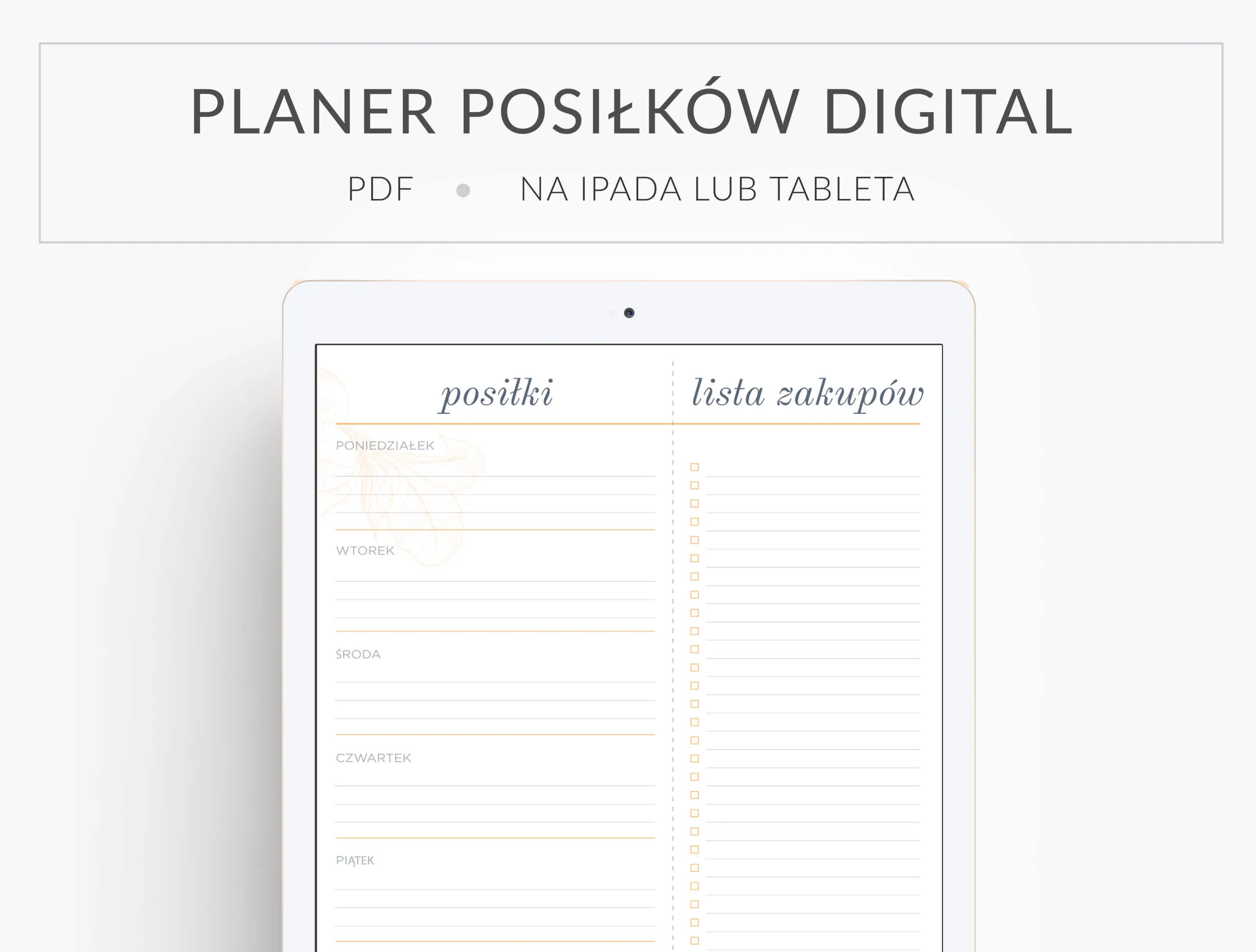 Planer posiłków na Ipada, minimalistyczny, posiłki, lista zakupów