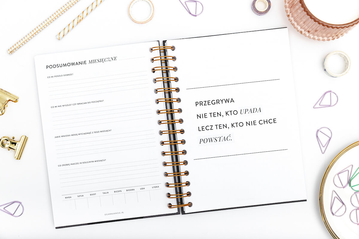 planner fitness, treningi, posiłki, motywacyjne cytaty