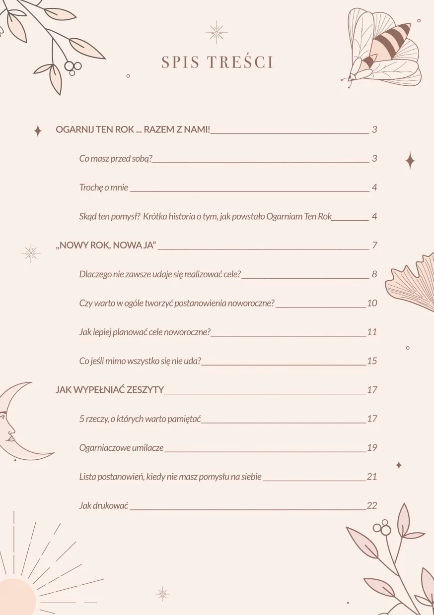 Planer celów Ogarniam Ten Rok - spis treści
