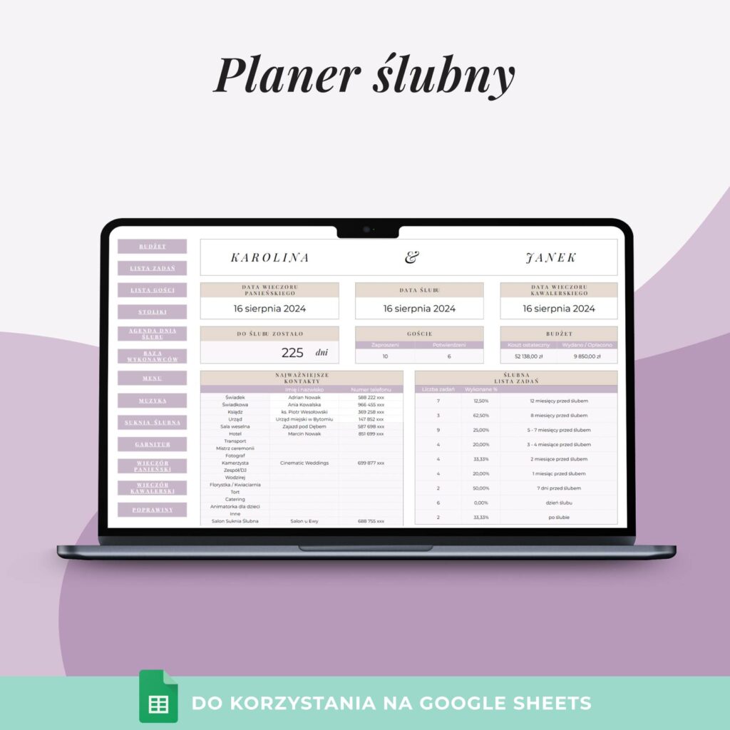 Planer Ślubny online - Arkusz Google