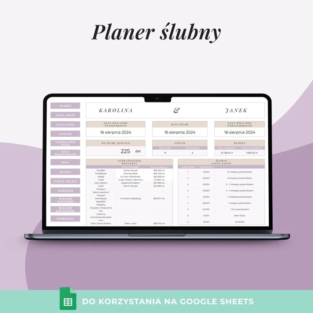 Planer Ślubny online - Arkusz Google