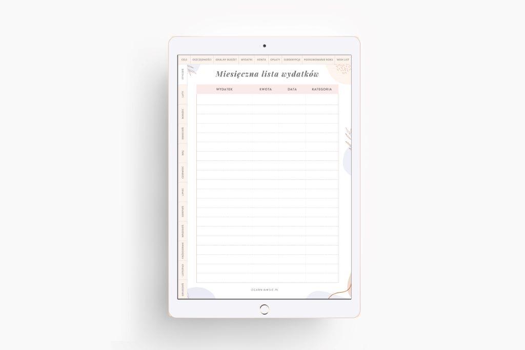 planer na iPada, planer finansowy, miesięczna lista wydatków