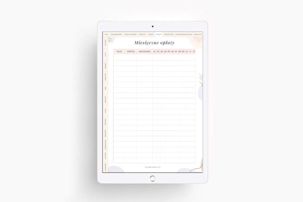 planer na iPada, planer finansowy, miesięczne opłaty