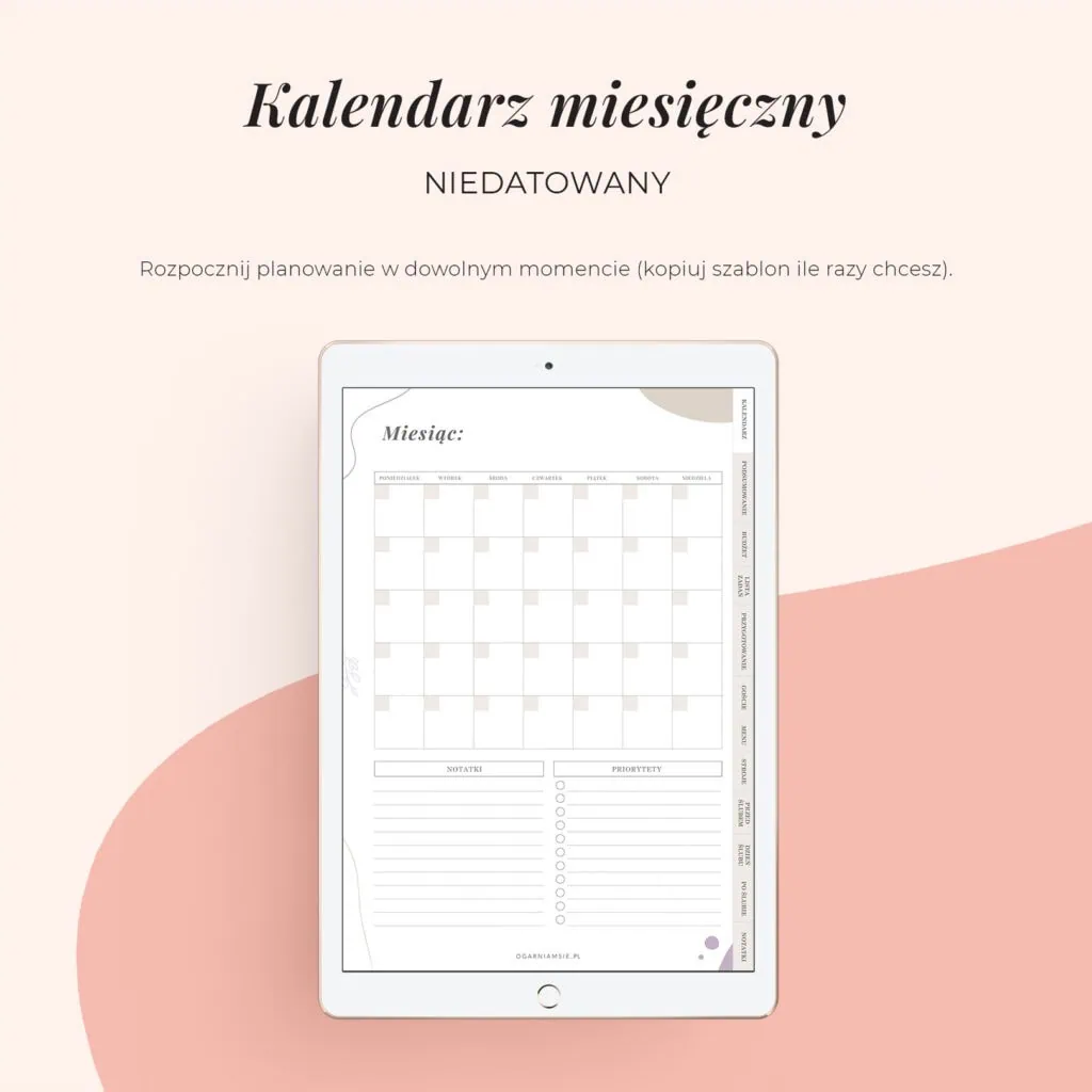 Planer Ślubny na iPada | Kalendarz miesięczny niedatowany