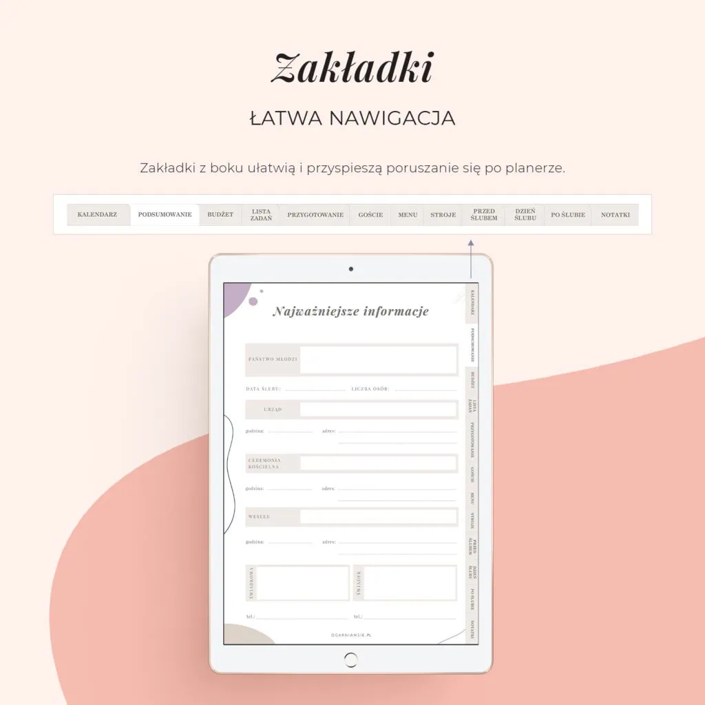 Planer Ślubny na iPada | Zakładki
