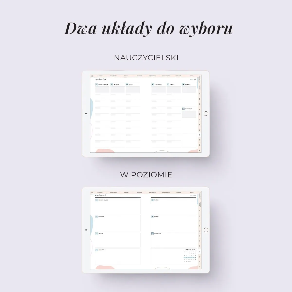 Digital planer nauczyciela - układy kalendarzowe do wyboru