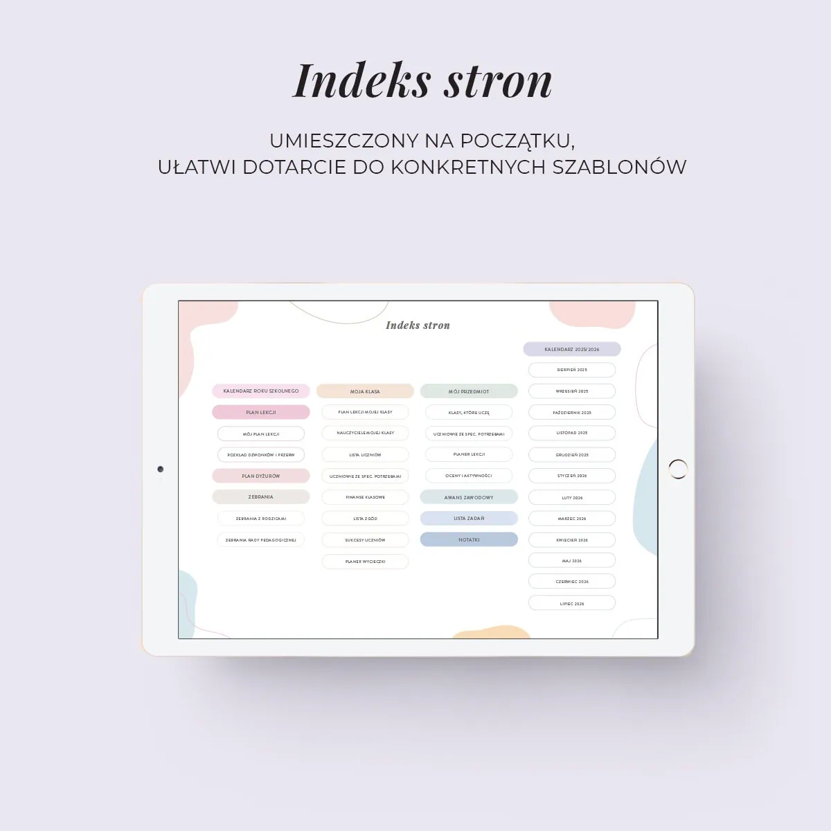 Digital planer nauczyciela - zakładka indeks stron