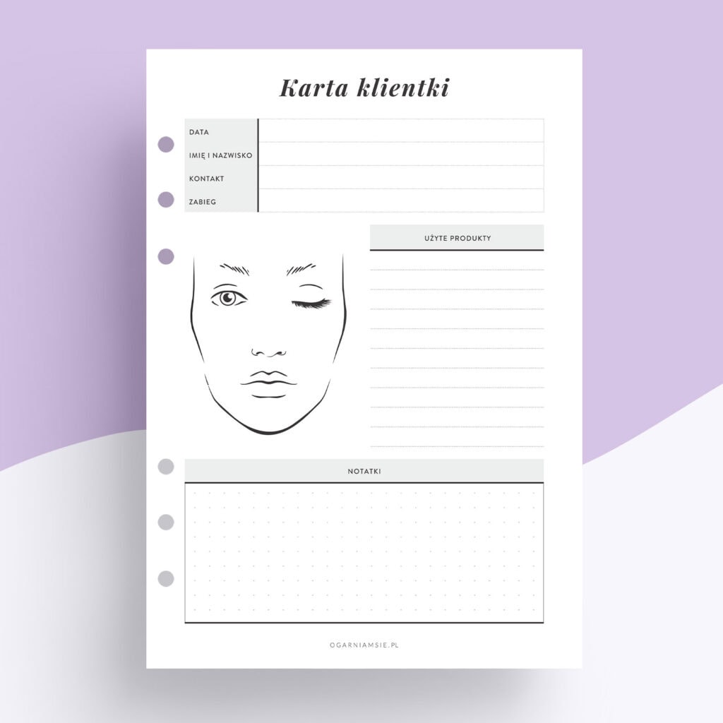 Karta klientki dla Kosmetyczki | Face Chart - wkład do organizera