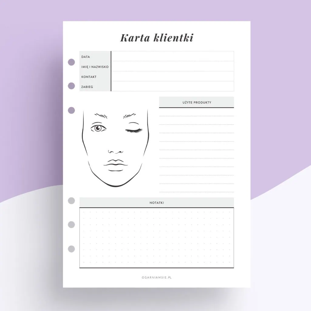 Karta klientki dla Kosmetyczki | Face Chart - wkład do organizera