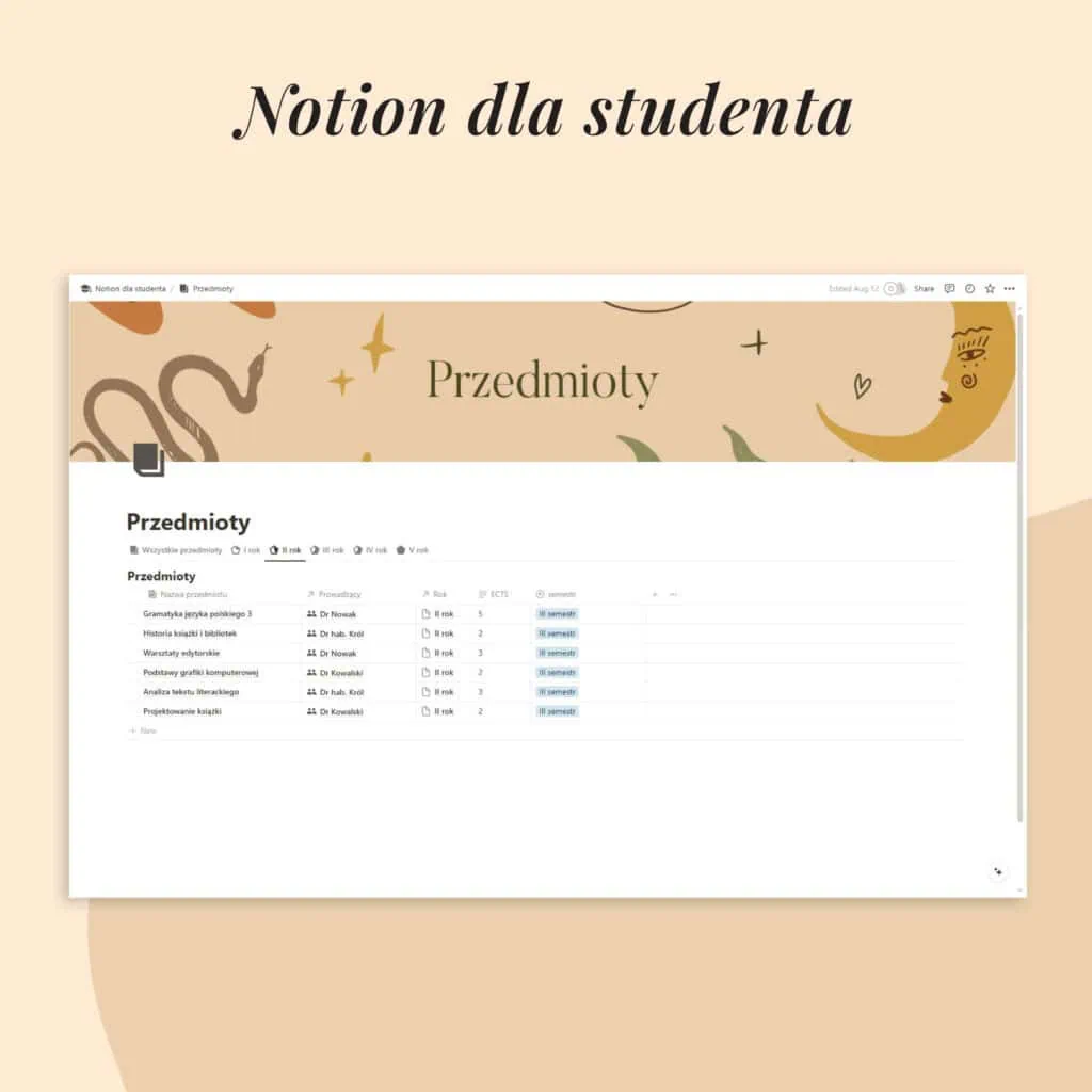 Planer studenta Szablon Notion | Przedmioty