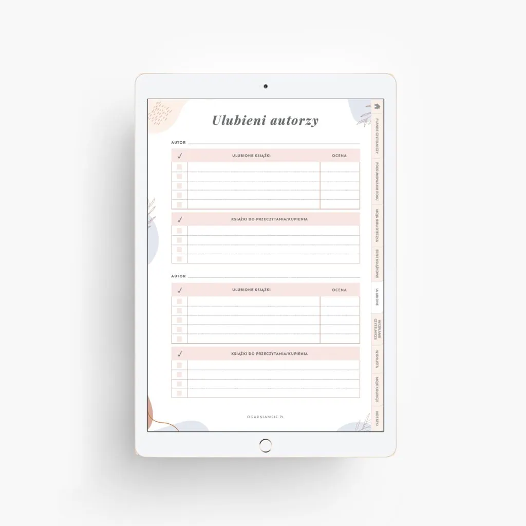 Planer Książkary - zakładka ulubieni autorzy