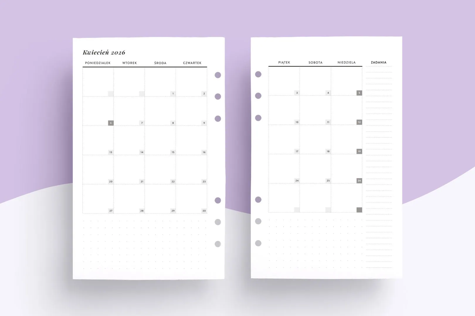 Wkład A6 2026 - kalendarz miesięczny