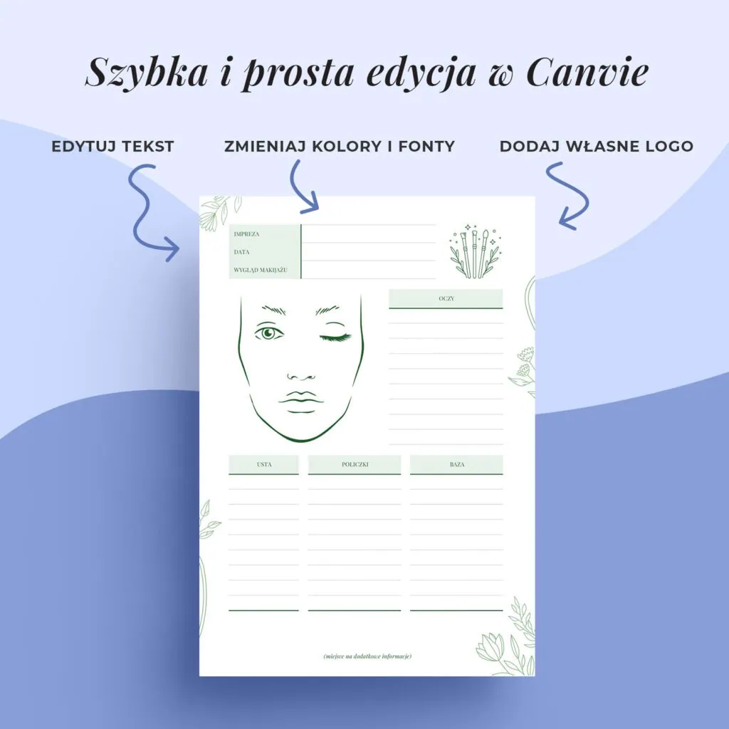 Edytowalna karta makijażu próbnego dla wizażystki w canvie