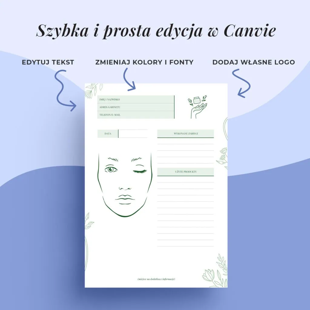 Edytowalna karta pozabiegowa dla kosmetyczki w canvie
