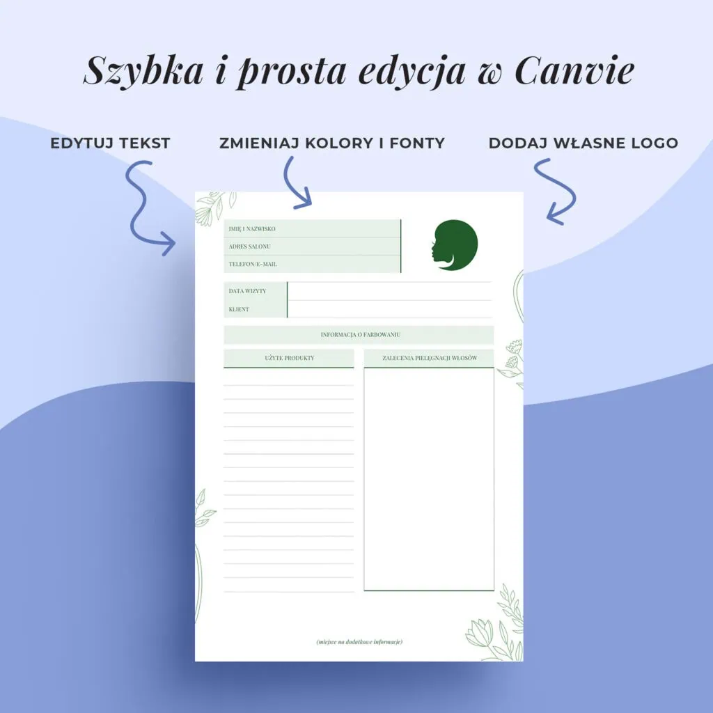 Edytowalna karta zaleceń po koloryzacji dla fryzjerki w canvie