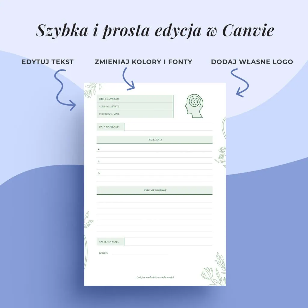 Edytowalna karta zaleceń terapeutycznych dla psychologa w Canvie