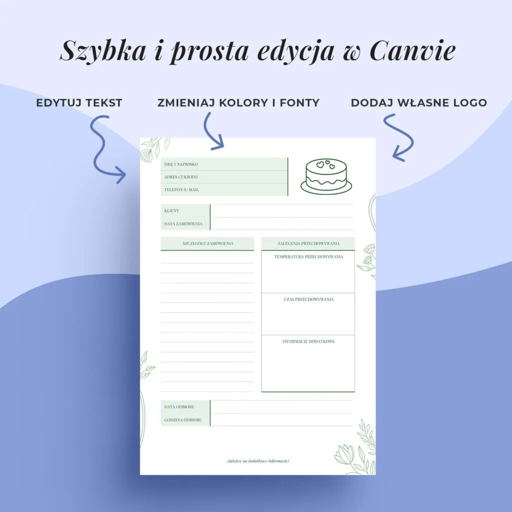 Edytowalna karta zamówienia dla cukiernika w Canvie