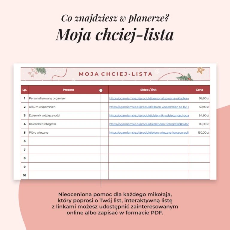 Planer świąteczny online - Arkusz Google | Zakładka moja chciejlista