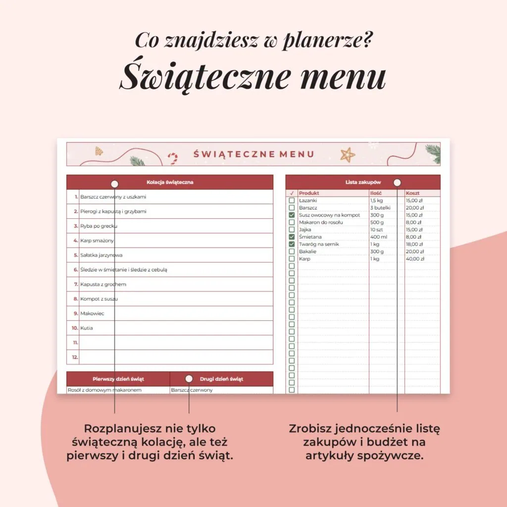 Planer świąteczny online - Arkusz Google | Zakładka świąteczne menu