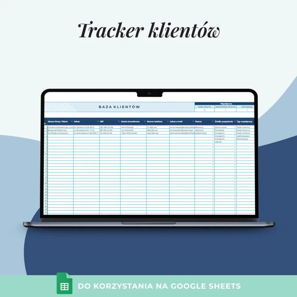 Tracker klientów, projektów i płatności dla freelancerów - Arkusz Google