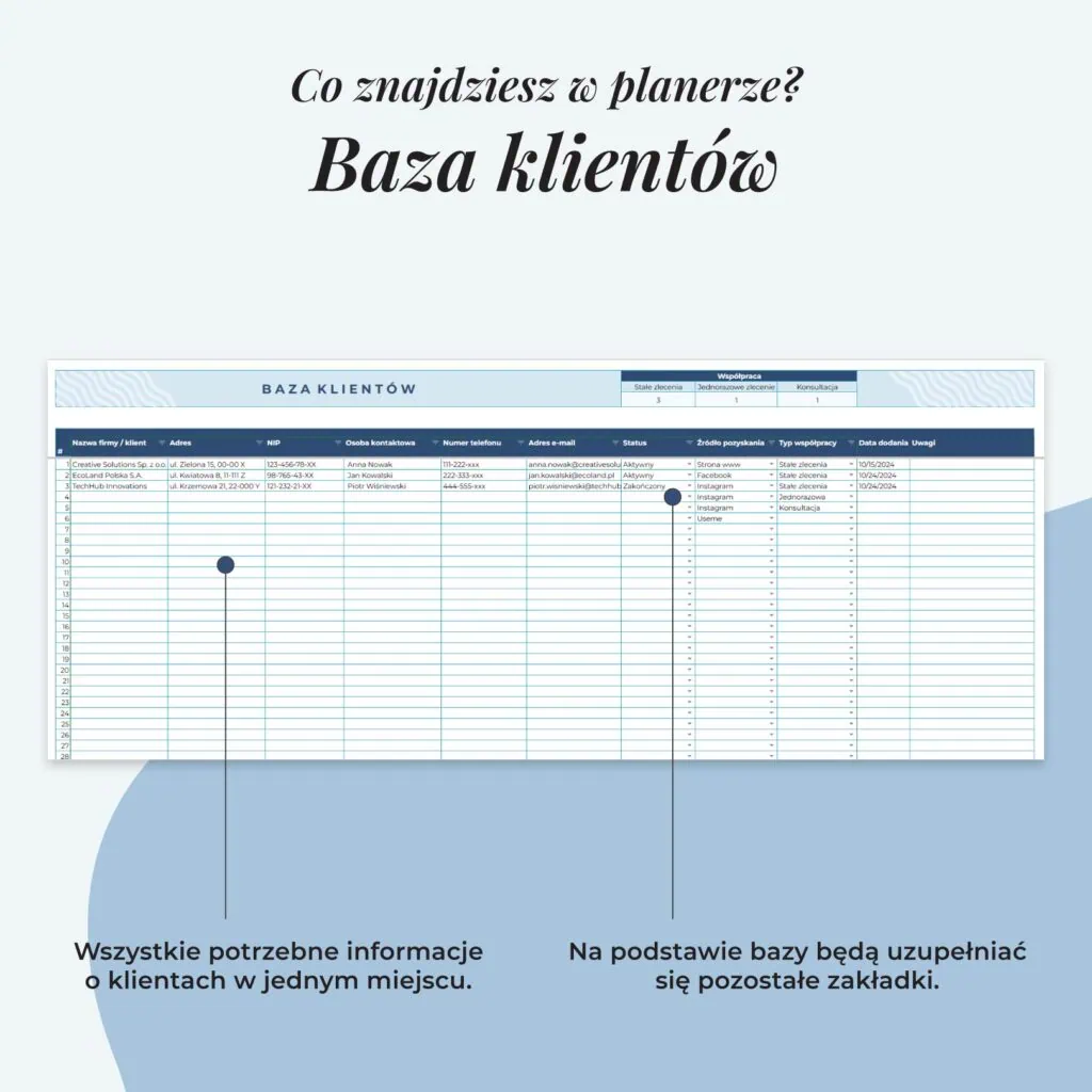 Tracker klientów, projektów i płatności dla freelancerów - Arkusz Google | Zakłada baza klietnów