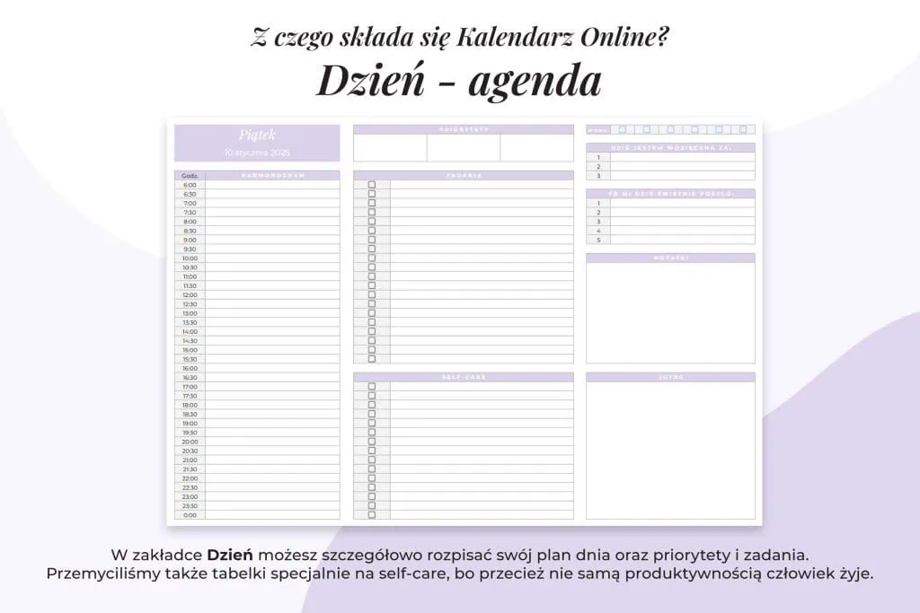 Darmowy kalendarz - zakładka Dzień - agenda