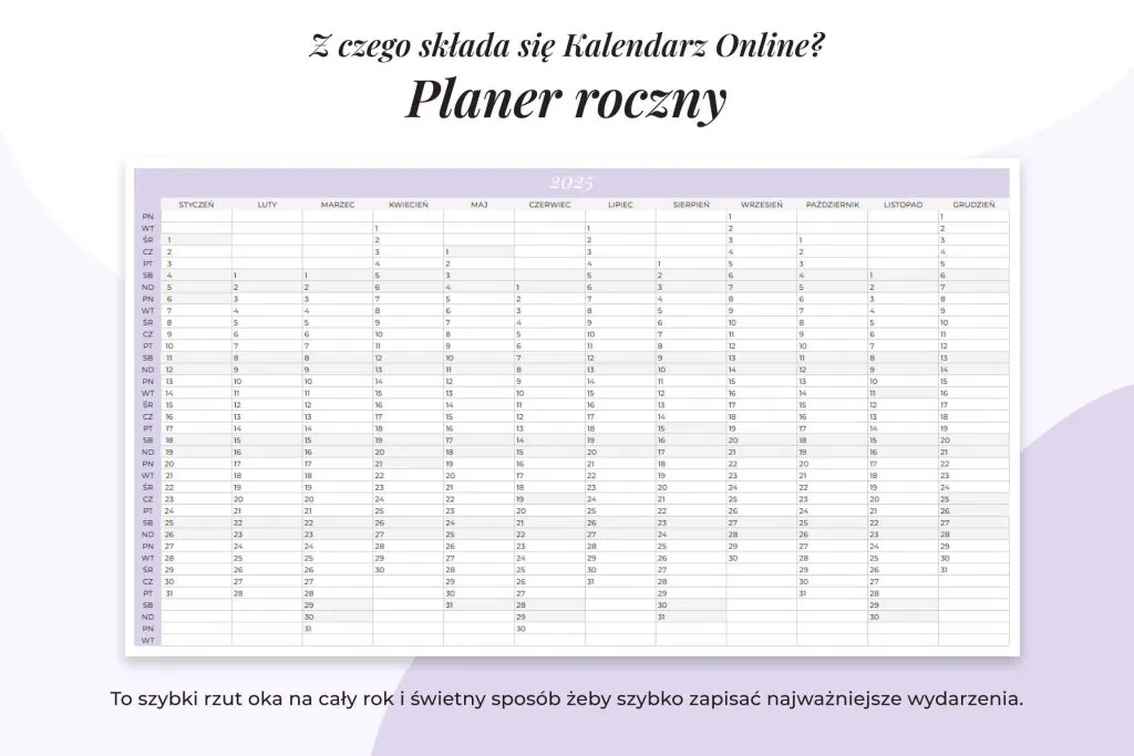 Darmowy kalendarz - zakładka Planer roczny