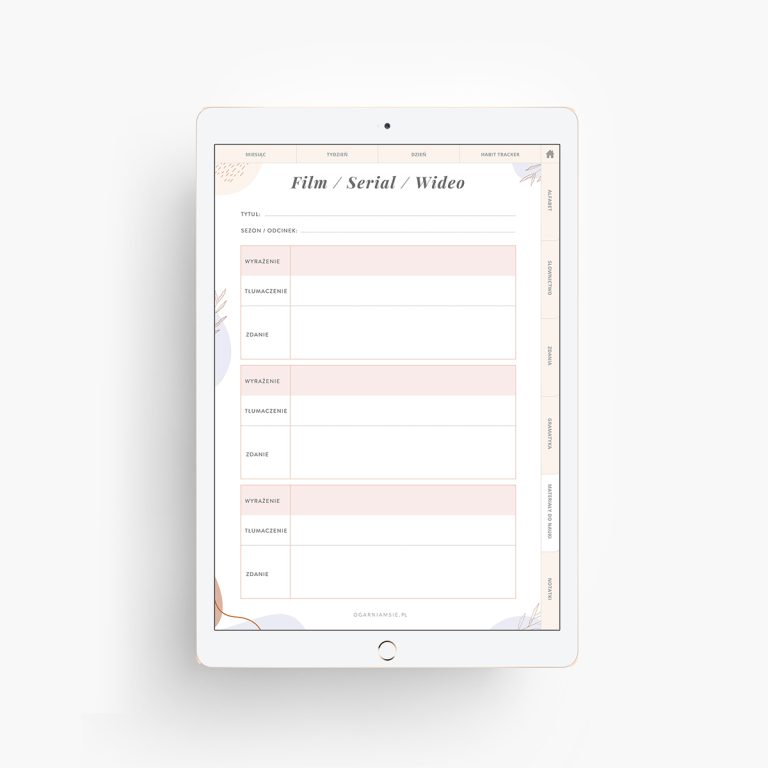 Planer językowy na iPada - zakładka filmy/seriale/wideo