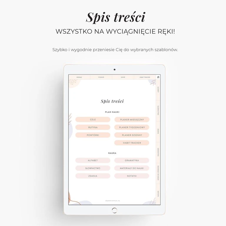 Planer językowy na iPada - spis treści