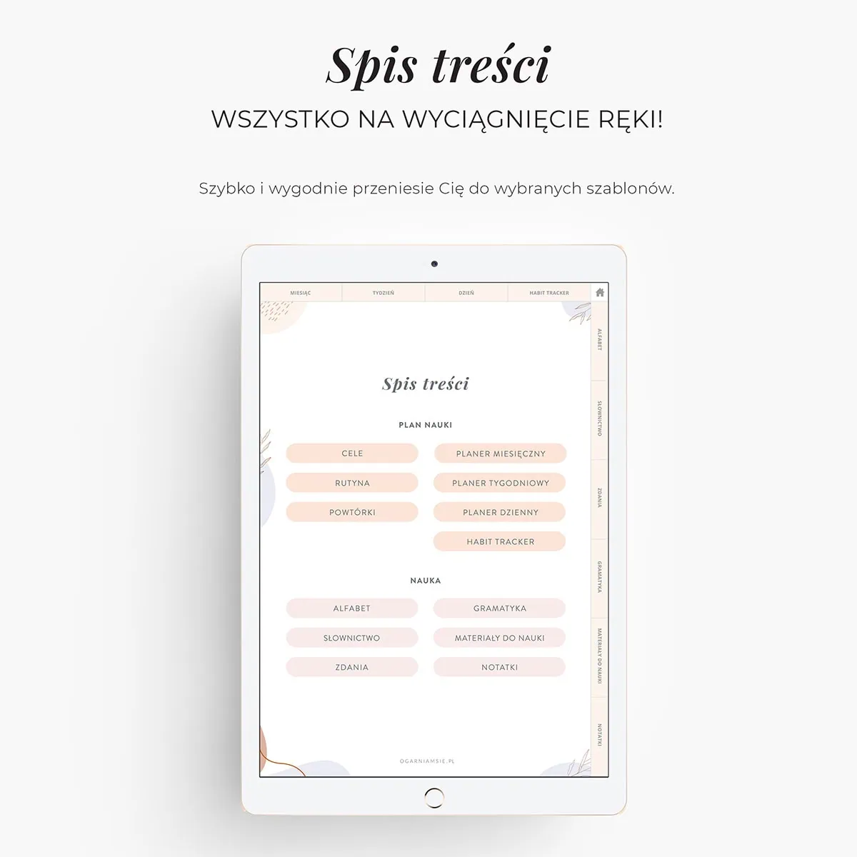 Planer językowy na iPada - spis treści
