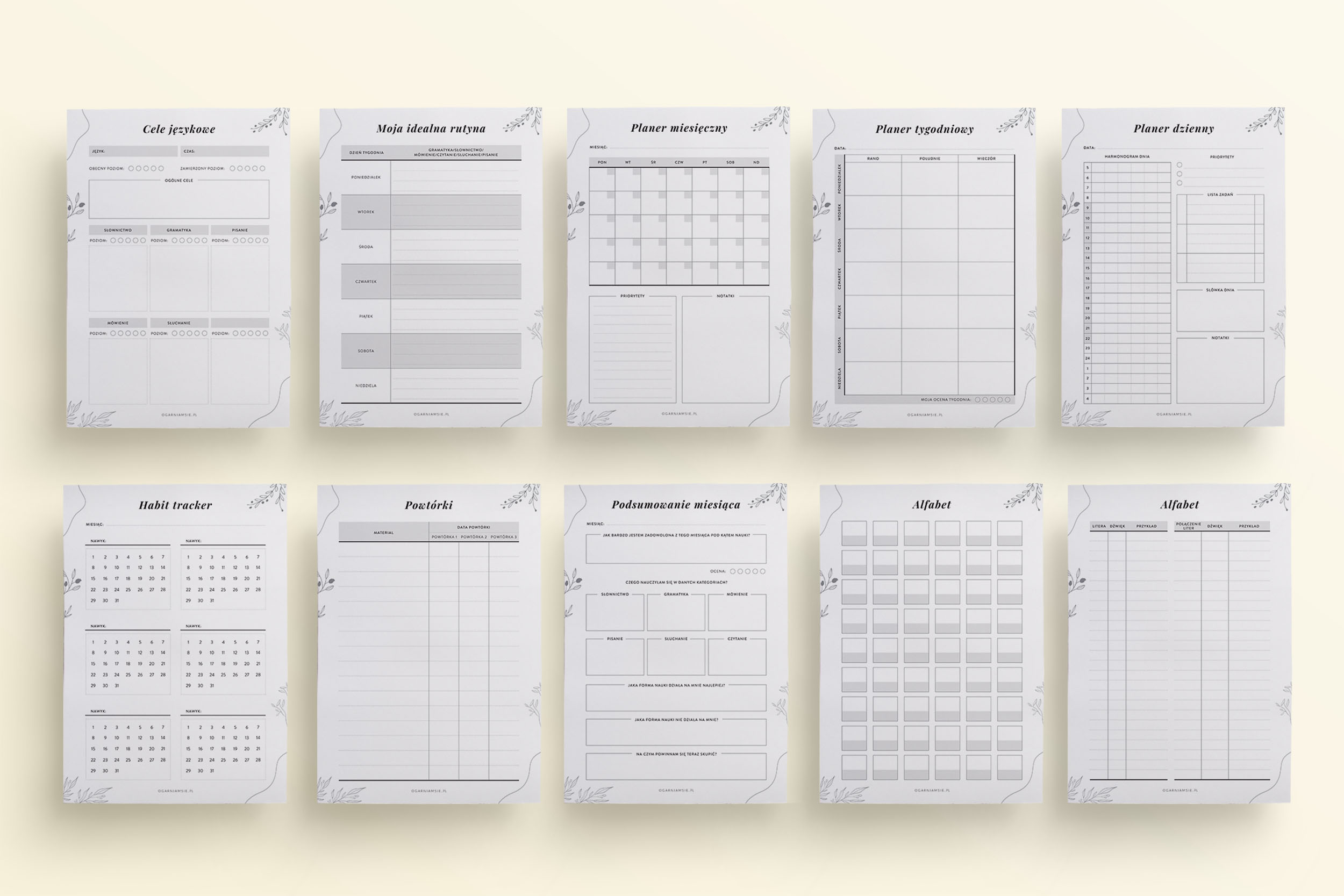 Planer językowy pdf do druku - lista szablonów