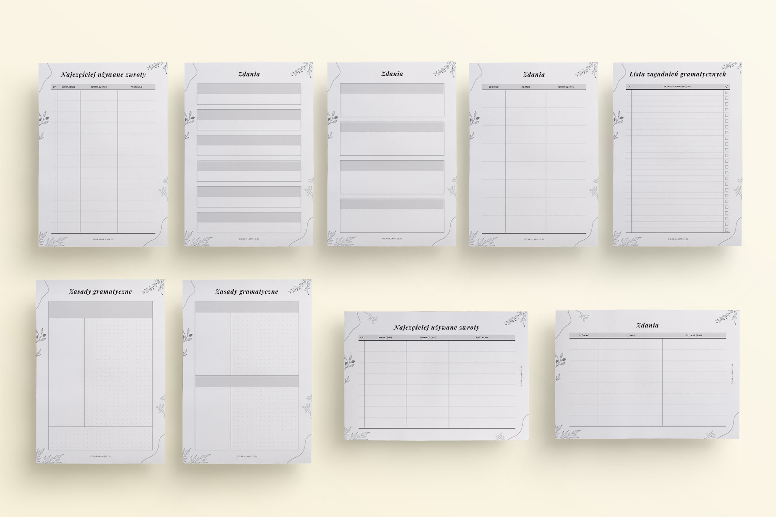 Planer językowy do druku - przegląd szablonów