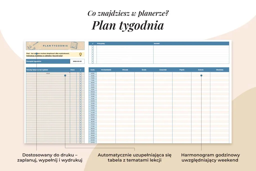 Planer nauczyciela Arkusz Google- zakładka plan tygodnia
