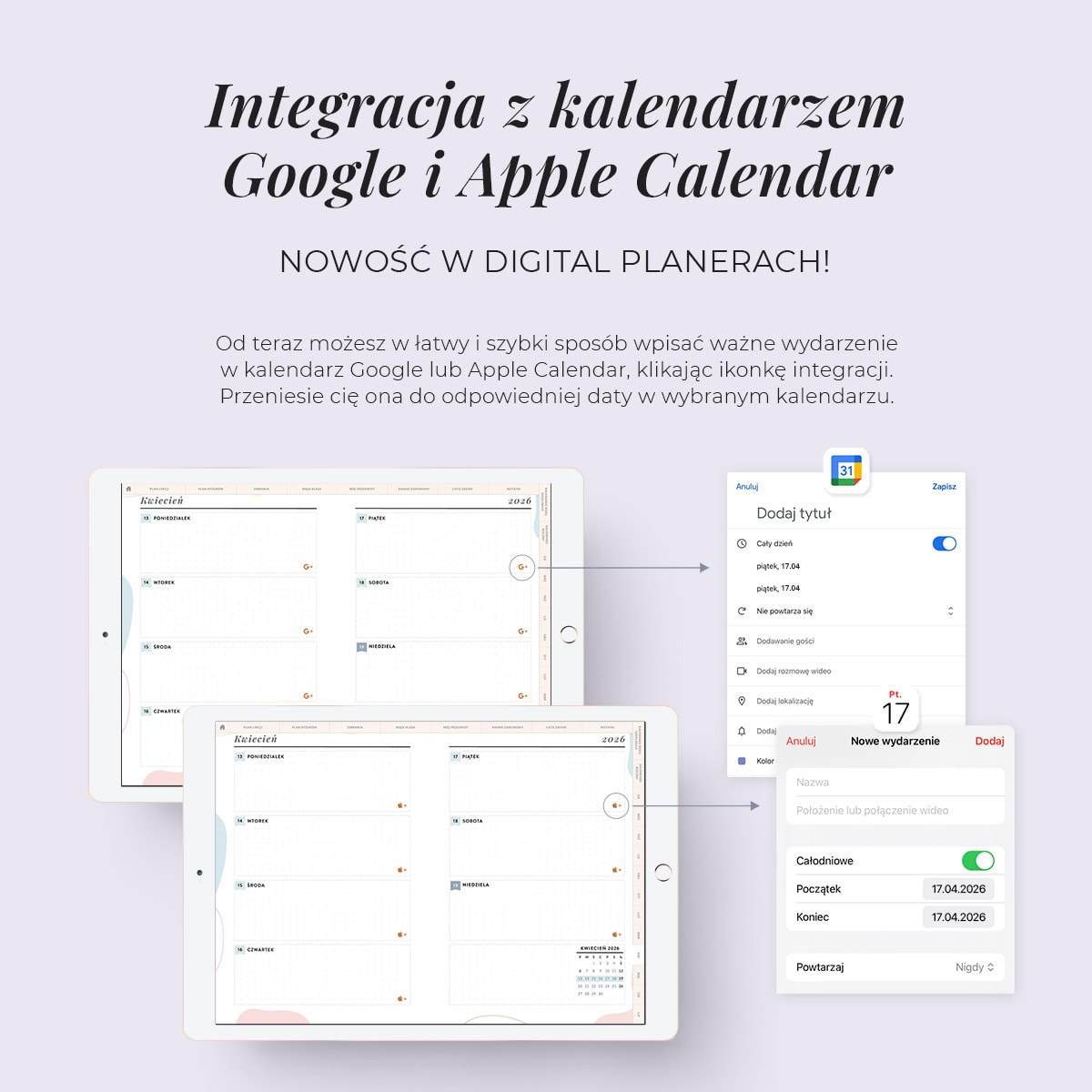 Digital planer dla nauczyciela - integracja z Google i Apple Calendar
