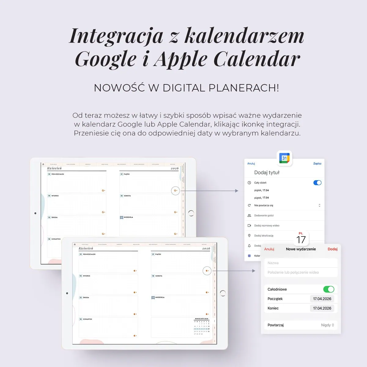 Digital planer dla nauczyciela - integracja z Google i Apple Calendar